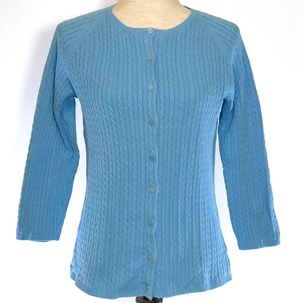 LL Bean Women's Blue Cable Knit Cardigan Medium
